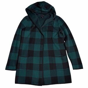 Adrienne Vittadini Buffalo Plaid Hooded Cardigan Sweater Green‎ & Black Sz L